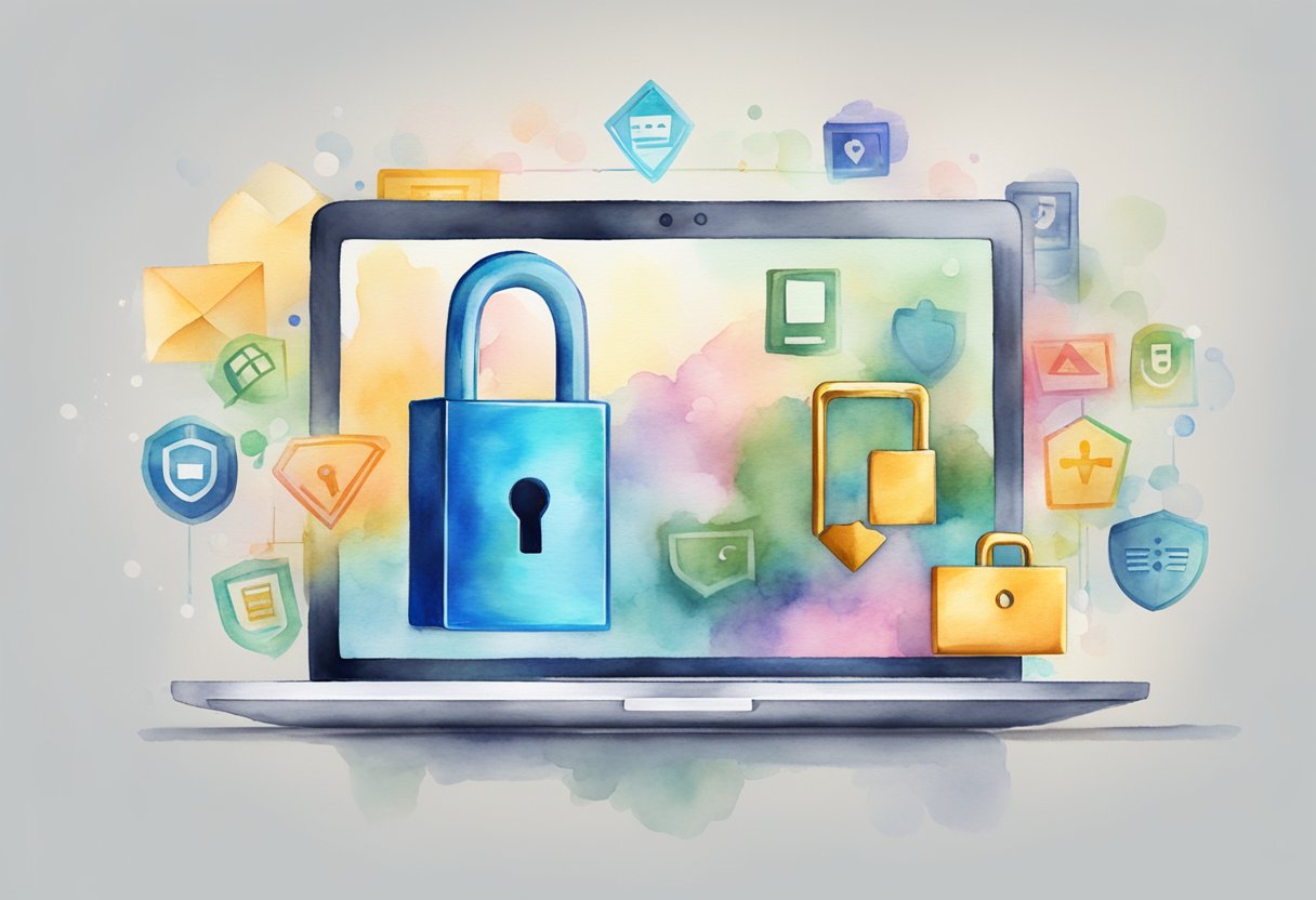 A locked padlock on a computer screen with the eBay website open, surrounded by security symbols and a shield icon