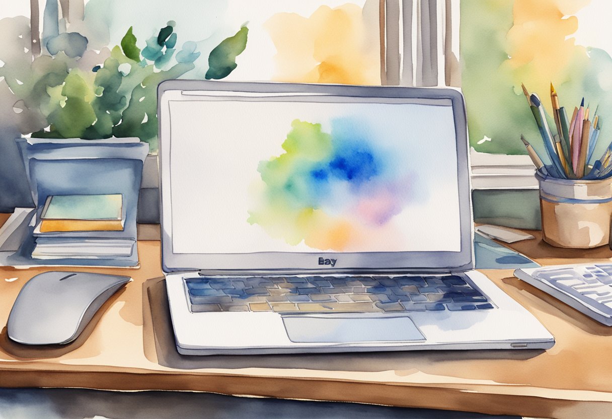 A laptop sits open on a desk, with an eBay homepage on the screen. A mouse hovers over the "Sign Up" button, ready to begin