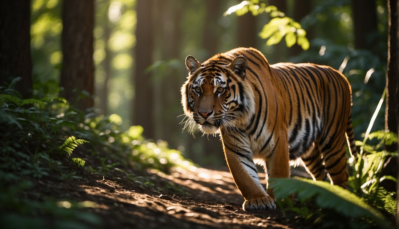 A majestic Sunda tiger prowls through the lush, dense rainforest, its powerful muscles rippling beneath its vibrant orange and black-striped fur.

The sunlight filters through the canopy, casting dappled shadows on the forest floor as the tiger moves stealth