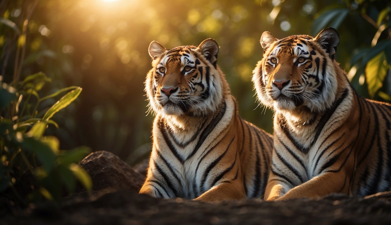 The Sunda tigers stand tall, guarding their precious cubs in a lush jungle, as the sun sets behind them, casting a warm glow on their magnificent fur