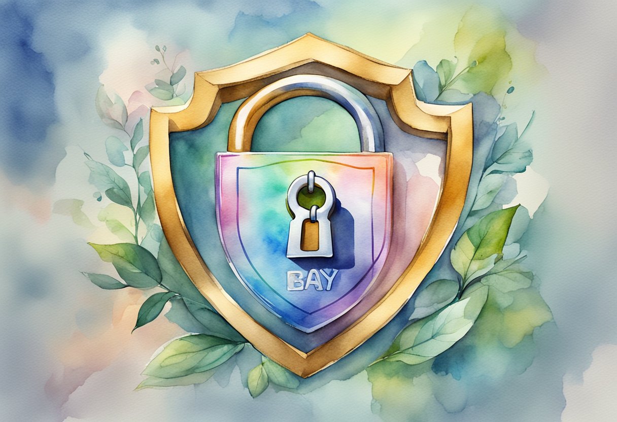 A locked padlock with the word "eBay" on it, surrounded by a shield and a checkmark, symbolizing protection against fraud