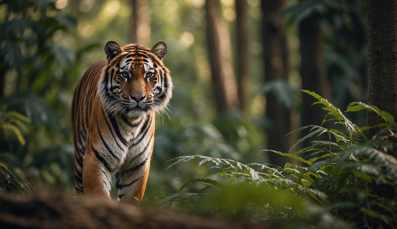 A Sunda tiger prowls through dense jungle, its powerful muscles rippling beneath its golden fur.

In the distance, a small village sits on the edge of the forest, a stark reminder of the delicate balance between humans and these majestic creatures