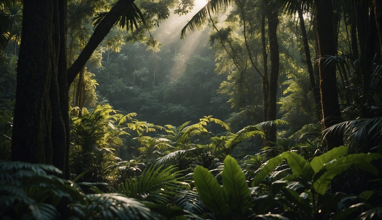 A dense jungle with towering trees, lush vegetation, and a hidden tiger lurking in the shadows