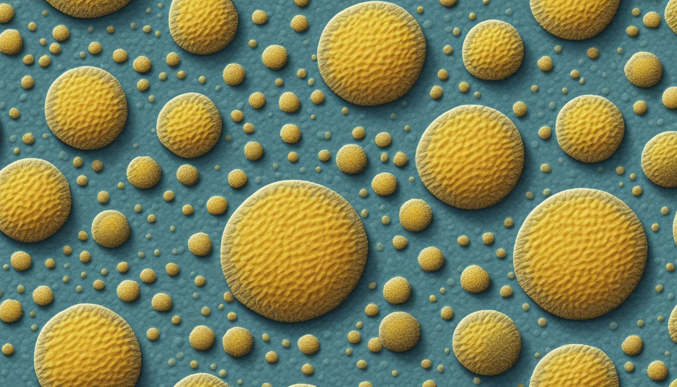 Ringworm patches on surfaces like walls, floors, and clothing. Mold spores visible in the environment