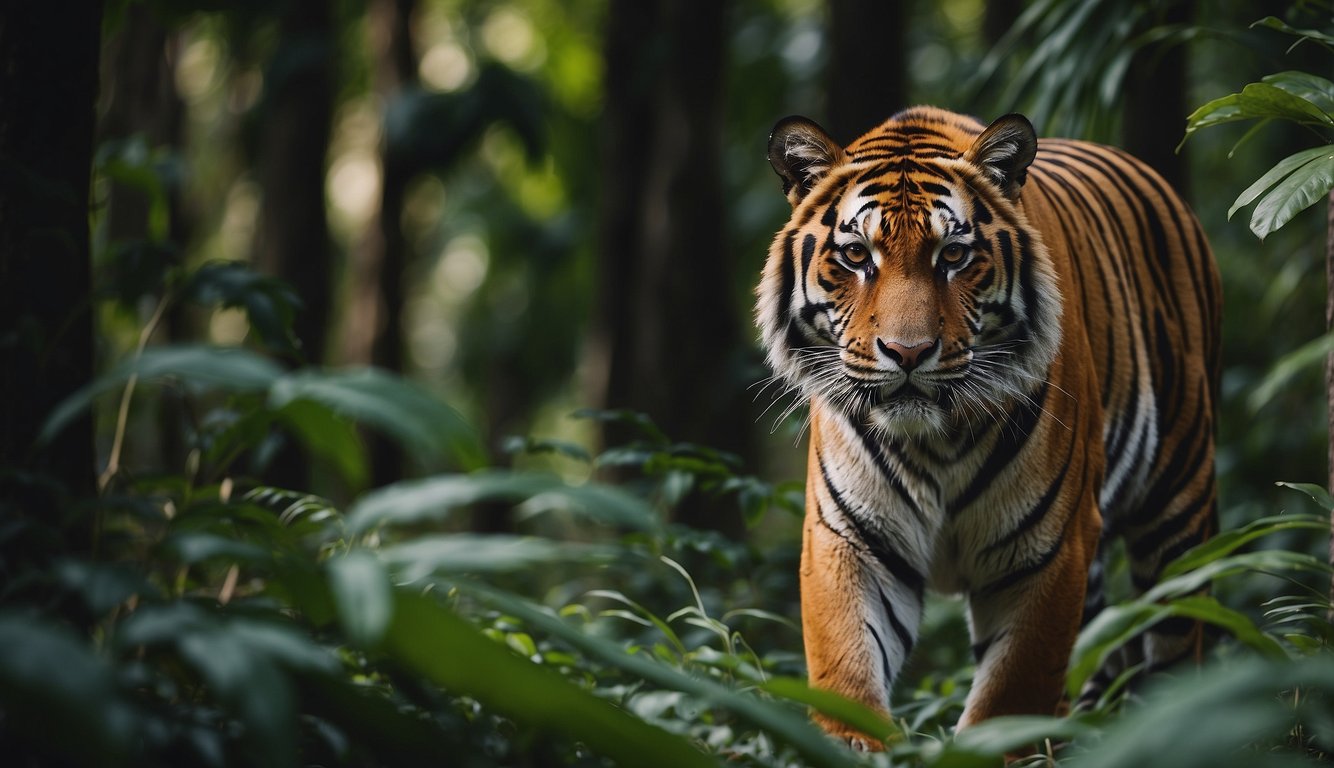 The Sunda tiger prowls through dense jungle, its amber eyes fixed on distant prey.

The lush foliage and vibrant wildlife create a vivid backdrop for the majestic predator