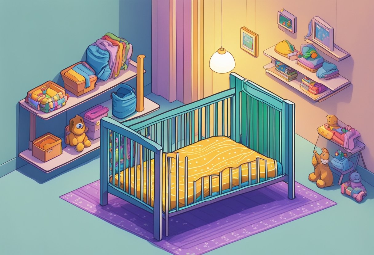 A small crib with the name "Clyde" painted on it, surrounded by colorful toys and a cozy blanket