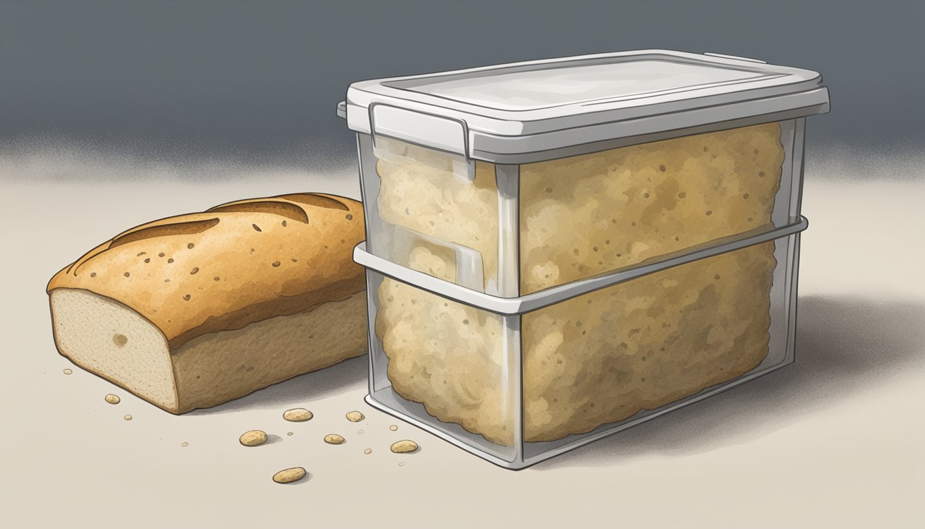 A moldy loaf of bread sits next to a container of yeast, with visible signs of mold growth on the bread