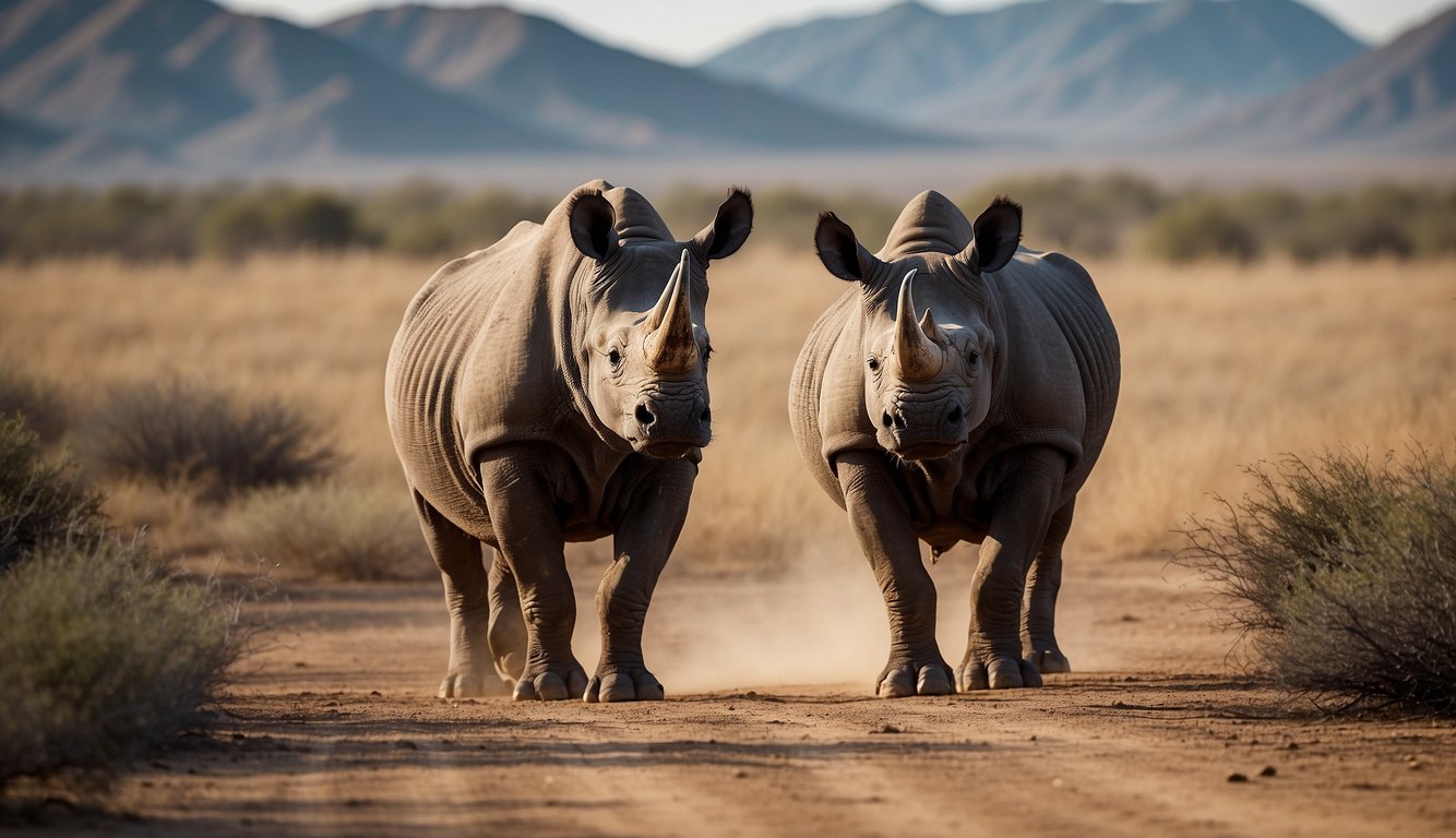 A lone black rhino stands surrounded by barren land and poachers, its horn coveted and its future uncertain