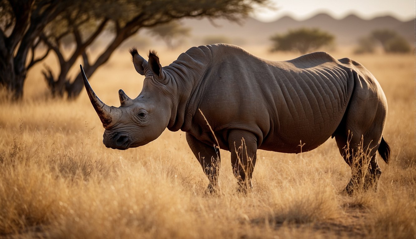 A black rhino grazes on dry savannah grass, its thick skin and horned silhouette standing out against the golden landscape.

Nearby, a thorny acacia tree provides shade in the harsh African sun