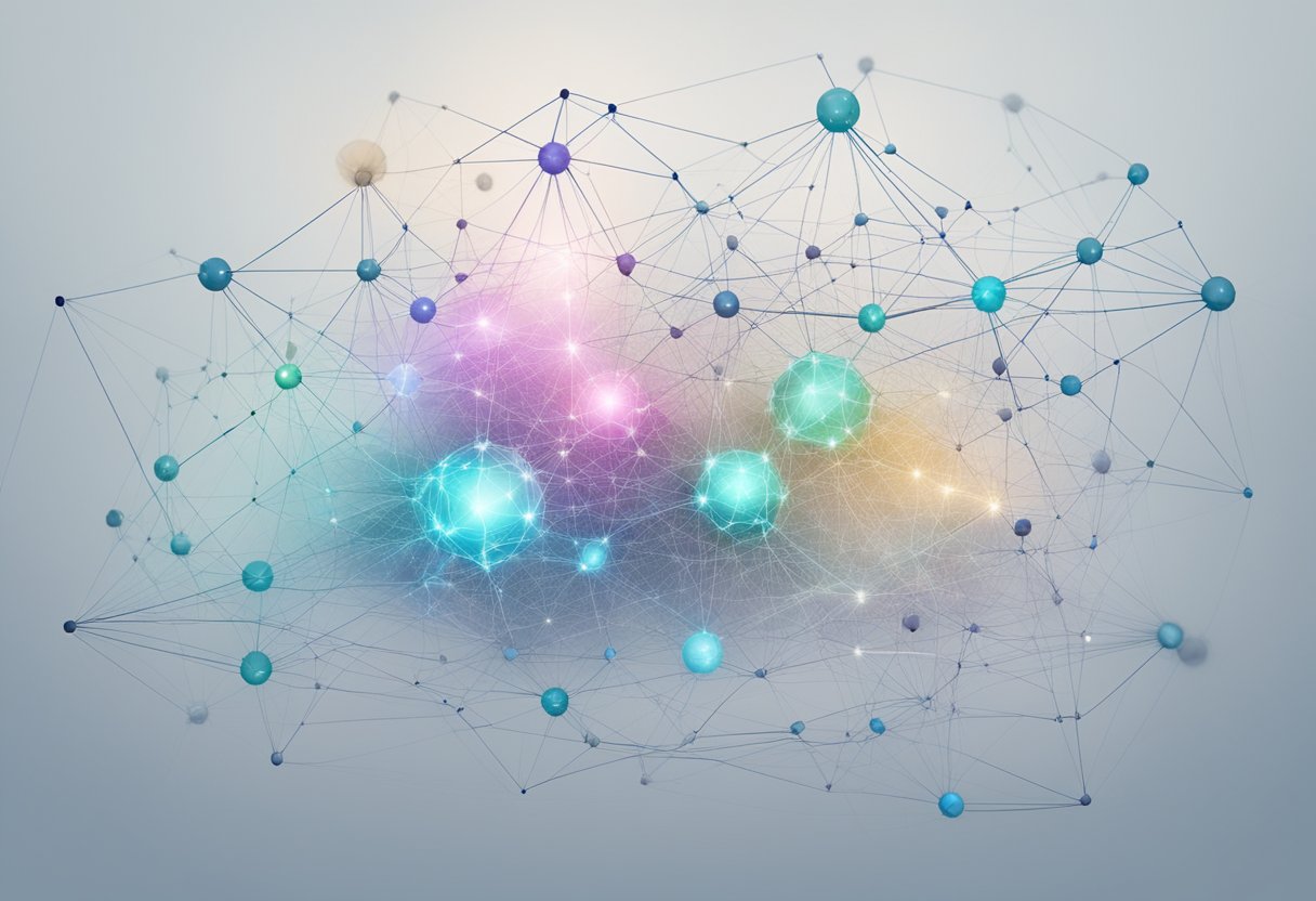 AI algorithms processing data, represented by interconnected nodes and lines, with information flowing and being analyzed in a digital environment