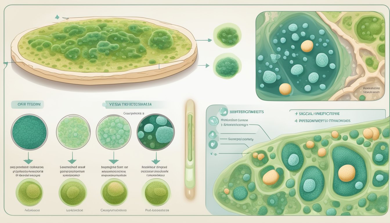 A microscope slide with fungal cells, a moldy environment, and a medical chart showing symptoms of yeast infections