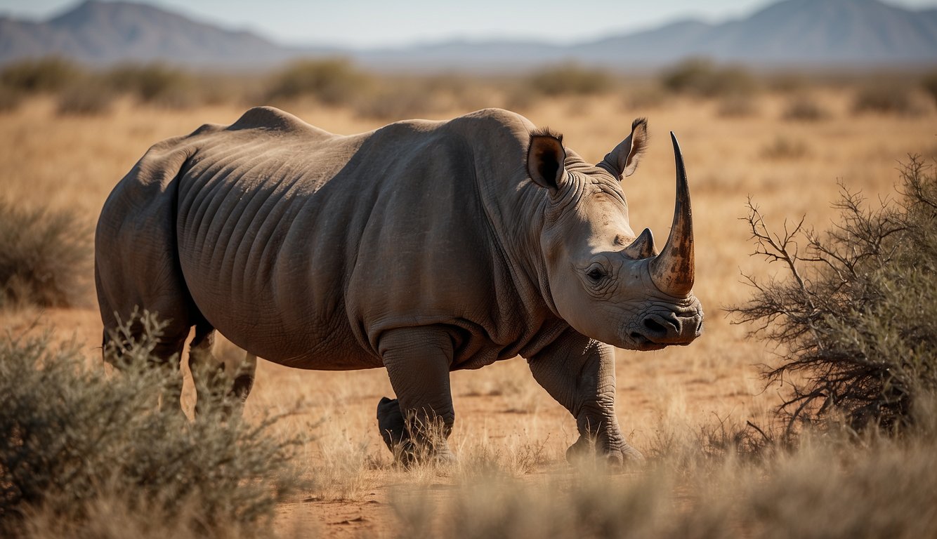 A black rhino stands alone in a vast, dry savanna, its horn glinting in the harsh sunlight.

Surrounding it are scattered thorn bushes and parched earth, highlighting the dire situation of its habitat