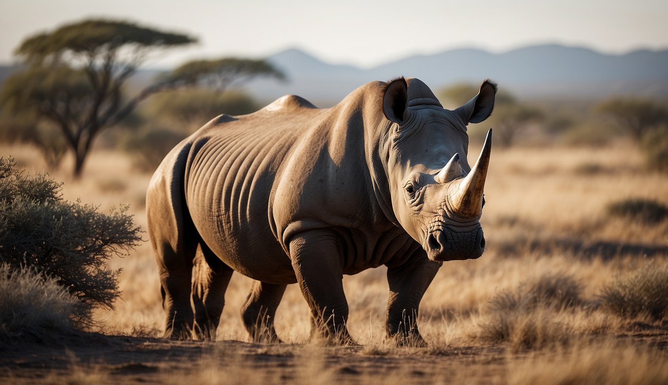 A black rhino stands alone in a barren landscape, its horn a symbol of wealth and status in a struggling economy