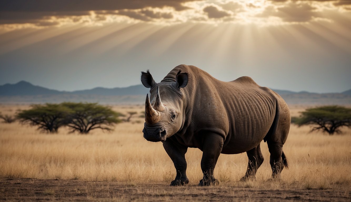A lone black rhino stands in a desolate savanna, surrounded by barren land and a distant storm on the horizon.

Its horn is a symbol of its dire situation