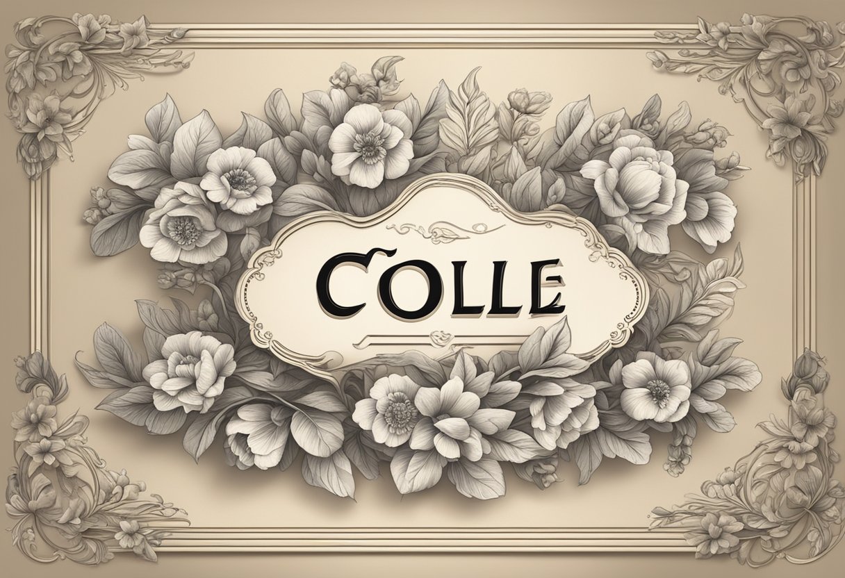 A baby name "Cole" is written in bold, elegant script on a vintage-inspired nameplate, surrounded by delicate floral motifs