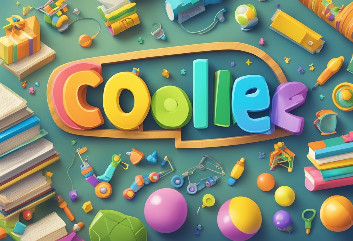 A baby name "Cole" displayed on a colorful nameplate with playful font surrounded by cheerful toys and books