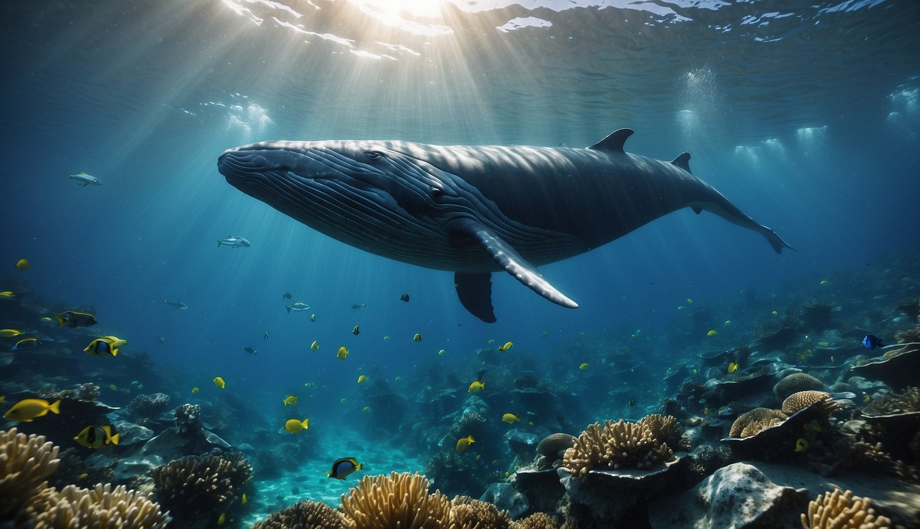 A majestic blue whale swims gracefully through the crystal-clear ocean waters, surrounded by schools of shimmering fish and vibrant coral reefs