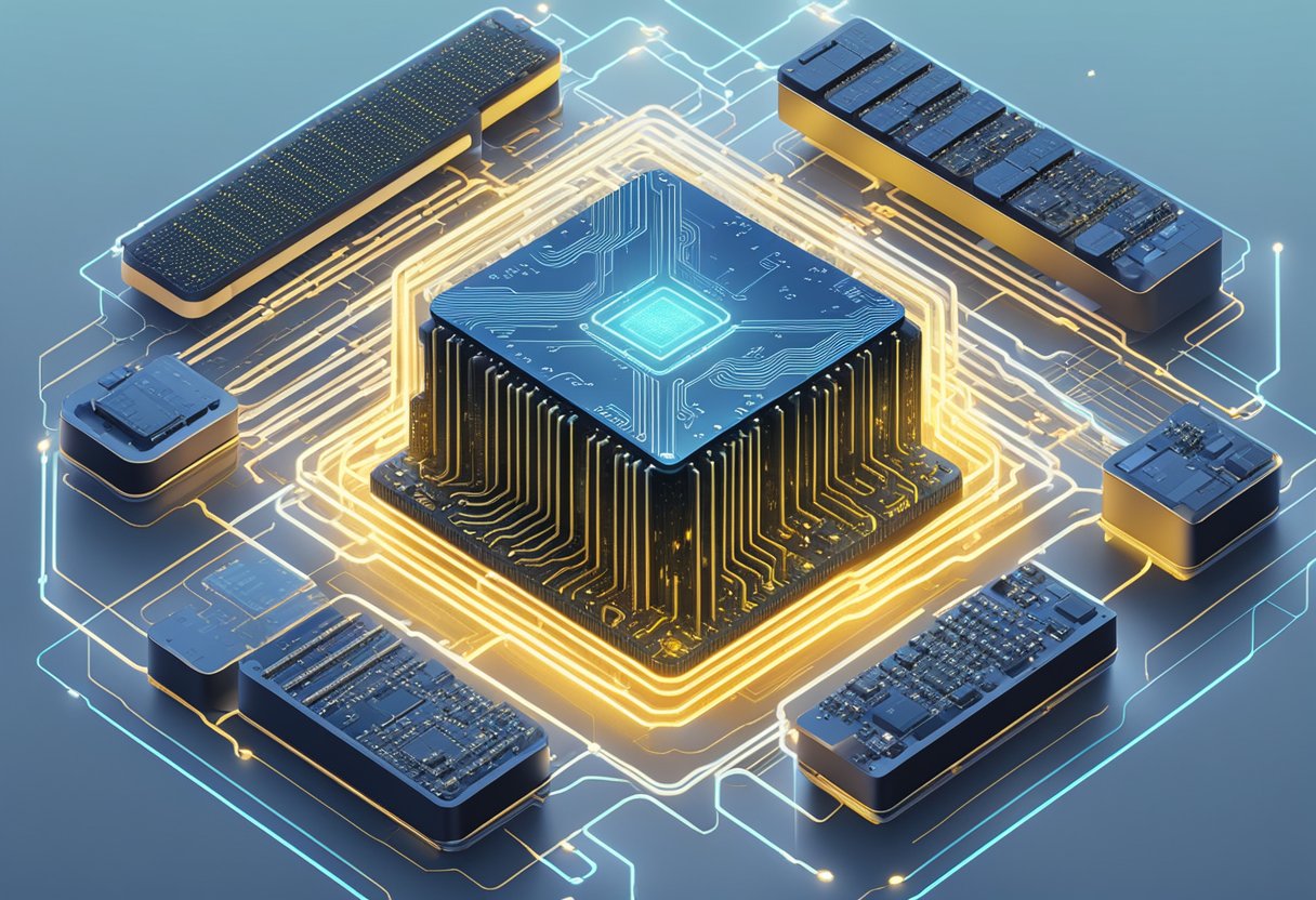 AI algorithms at work, depicted by lines of code flowing into a glowing central processor, surrounded by data nodes and interconnected pathways