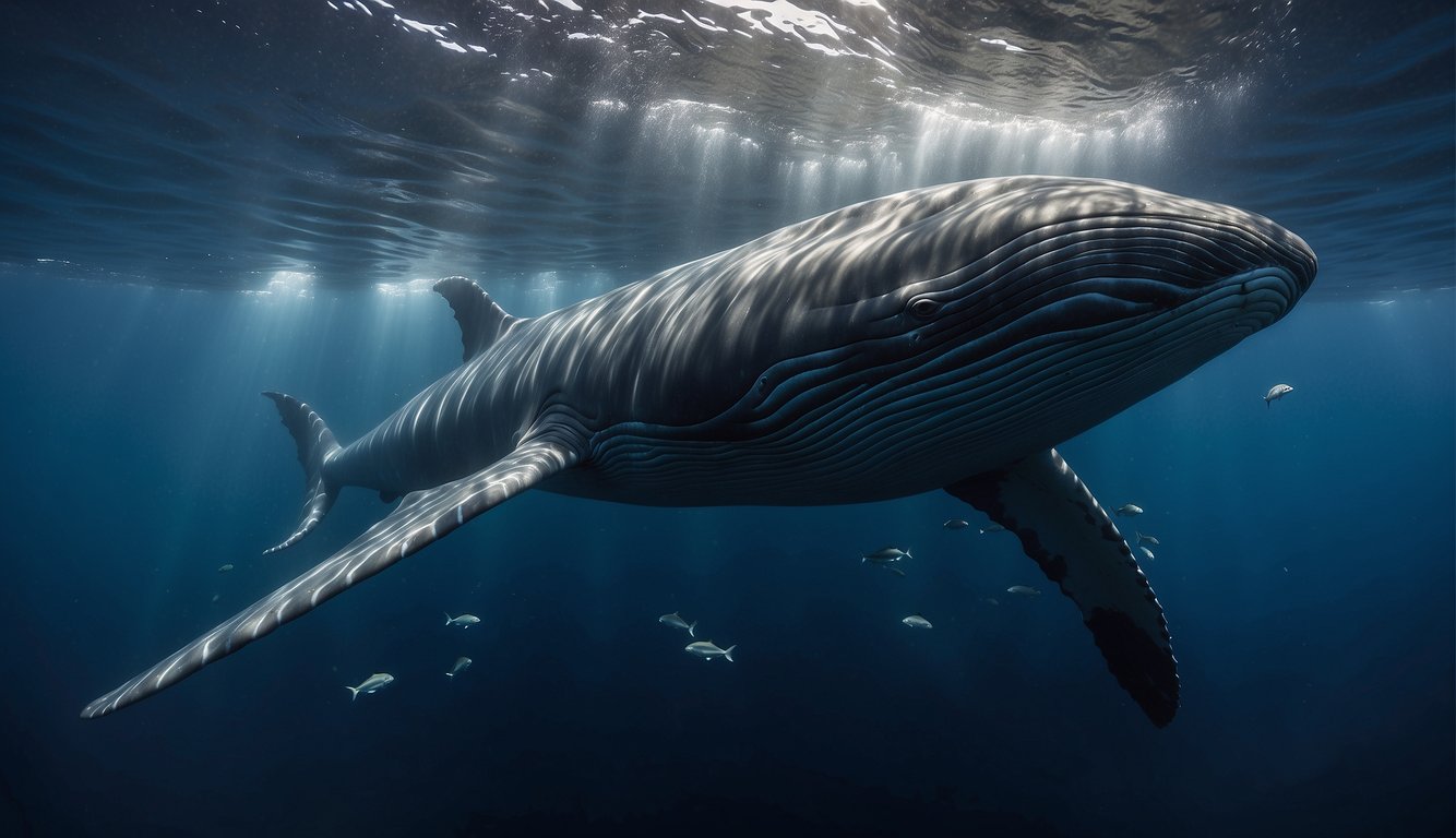 A massive blue whale swims gracefully through the deep ocean waters, surrounded by schools of fish and drifting seaweed.

The whale's sleek, streamlined body moves effortlessly through the water, showcasing its immense size and power