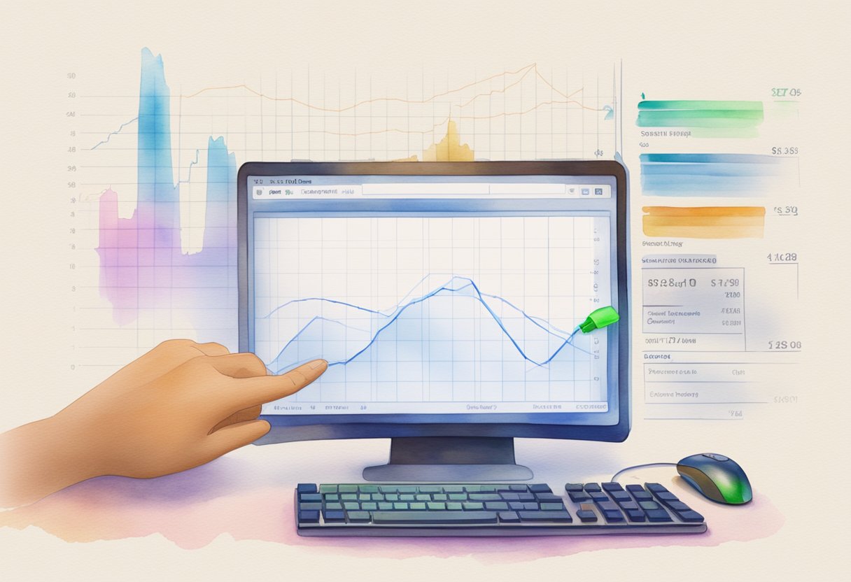 A computer screen displays a line graph with fluctuating prices. A hand hovers over a mouse, clicking on the eBay website