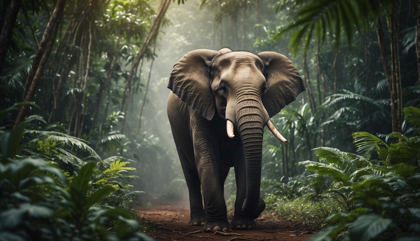A Sumatran elephant navigates through dense jungle, avoiding poachers and struggling to find food and water