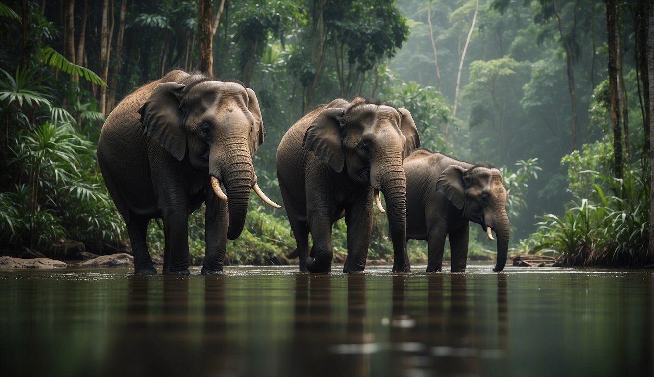 A dense rainforest with towering trees and lush vegetation, a river cutting through the landscape.

A family of Sumatran elephants foraging for food, while keeping a wary eye out for potential threats