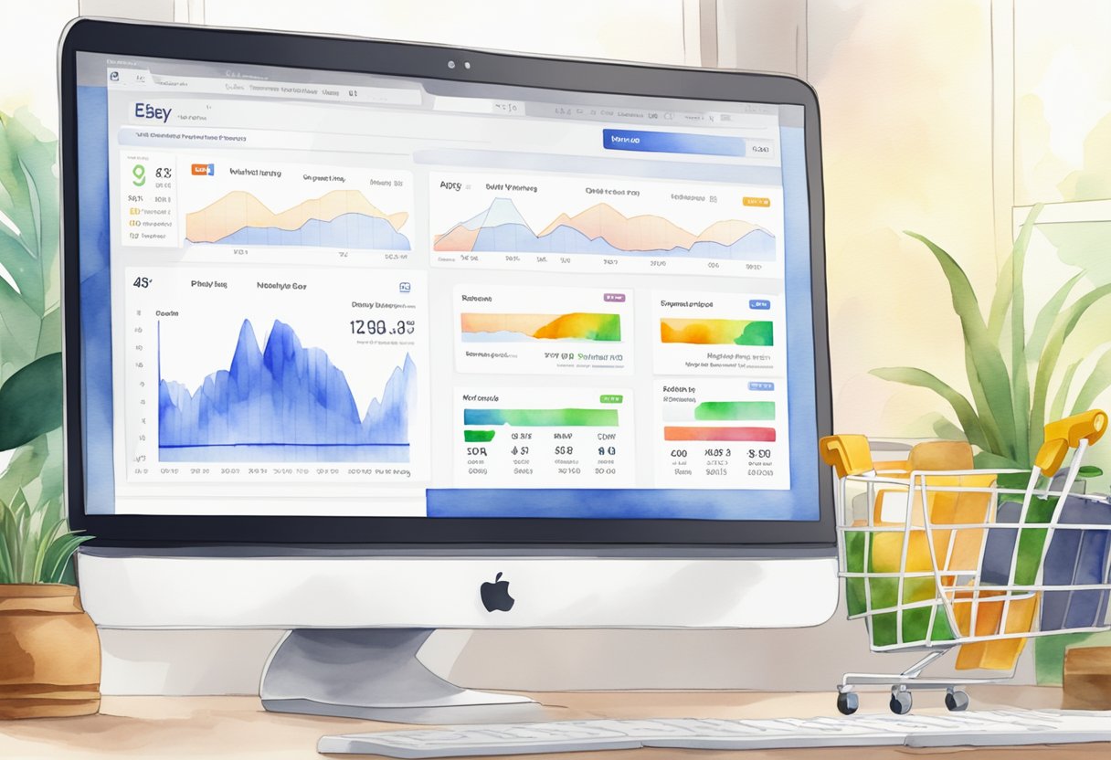 A computer screen displaying the eBay website with a price tracker tool open, showing price fluctuations and historical data for a specific product