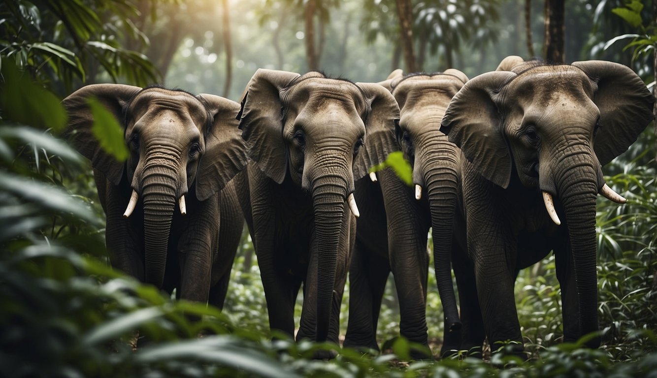A herd of Sumatran elephants roam through the dense rainforest, their large ears flapping as they navigate through the lush foliage, their majestic trunks reaching out to pluck leaves and branches from the trees