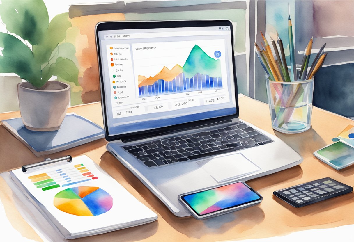 A laptop open on a desk, displaying a graph of fluctuating eBay prices. A smartphone sits next to it, with a price tracking app open