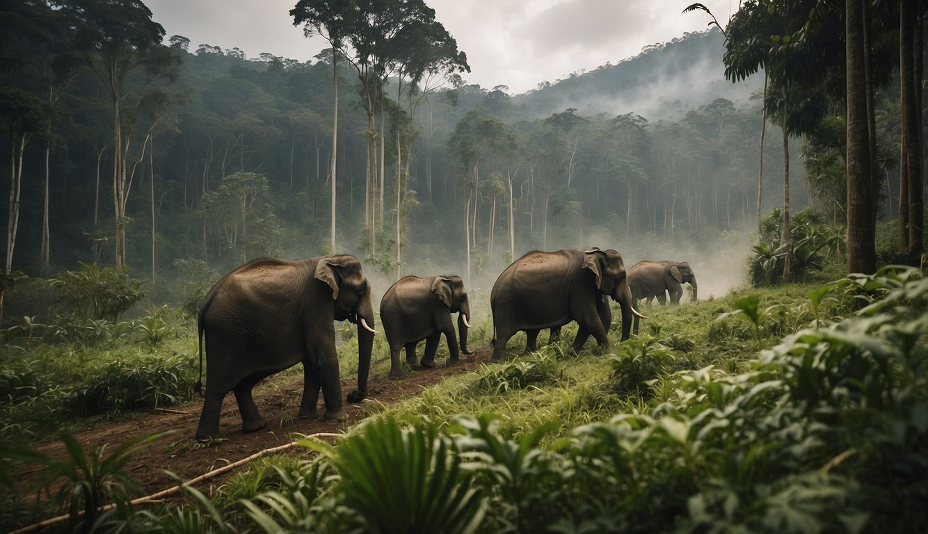 A herd of Sumatran elephants traverses a lush, dense forest, facing threats from deforestation and human encroachment.

They navigate through a landscape dotted with logging activity and confront the challenges of survival in their endangered habitat