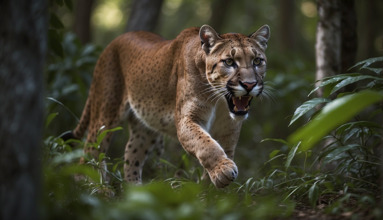 A Florida panther defends its territory against an invasive species, claws bared and teeth bared in a fierce confrontation amidst the dense subtropical forest