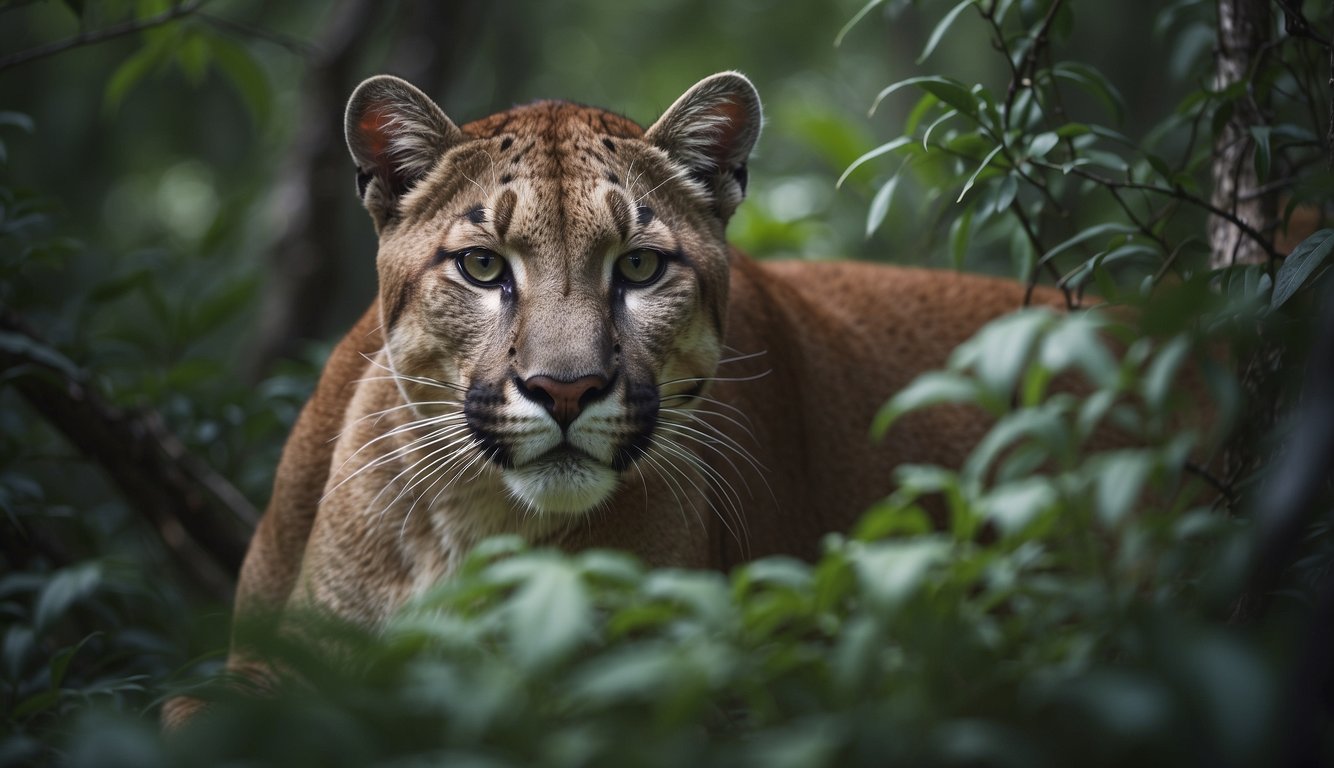 A Florida panther navigates through dense, tangled underbrush, facing obstacles and threats in its struggle for survival