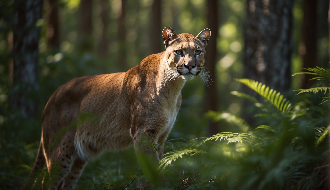 The Florida Panther prowls through the dense, sun-dappled forest, its sleek body blending seamlessly with the vibrant green foliage.

A sense of urgency and determination radiates from its focused gaze as it navigates its natural habitat