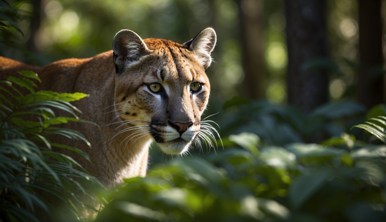 A Florida panther prowls through a dense, lush forest, its sleek fur blending in with the vibrant green foliage.

The sunlight filters through the trees, casting a warm glow on the endangered feline as it navigates its natural habitat