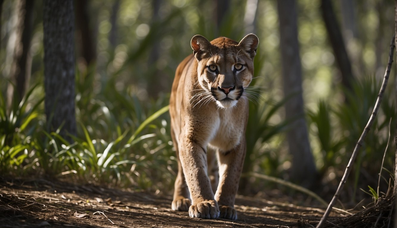 The Florida Panther fiercely defends its territory against encroaching threats in the dense, sun-dappled forests of the Everglades