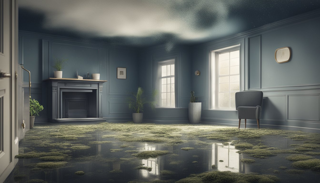 A dark, damp room with visible water damage on the walls. Mold spores float in the air, creating a musty smell