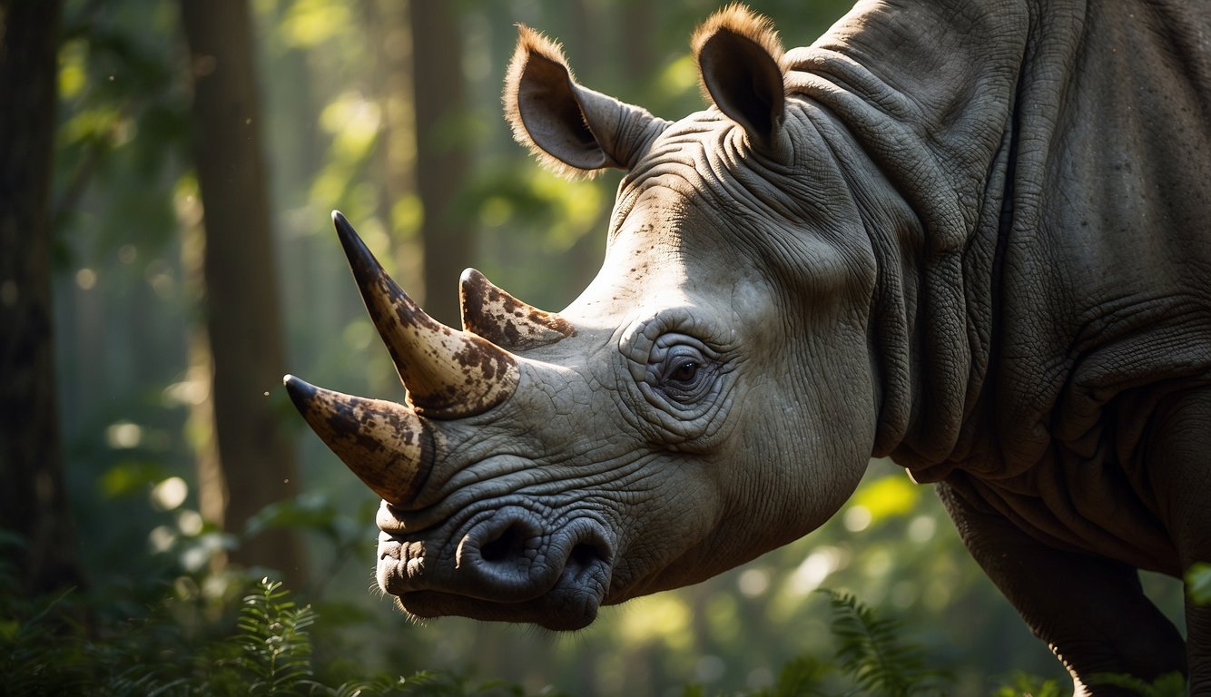 A Javan rhinoceros grazes peacefully in a lush, dense forest.

Sunlight filters through the canopy, illuminating the majestic creature in its natural habitat