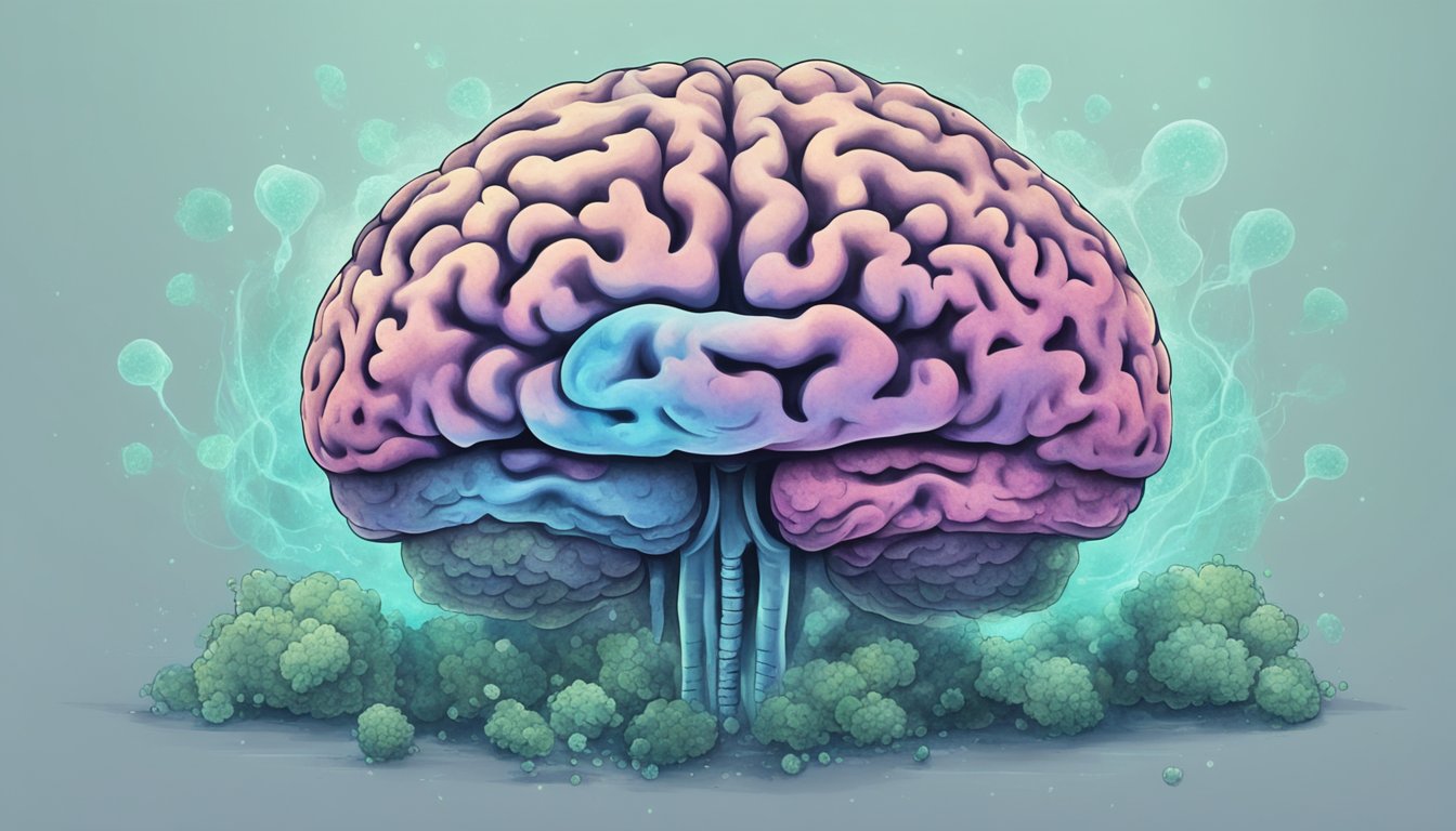 A foggy brain surrounded by mold spores, causing discomfort and confusion