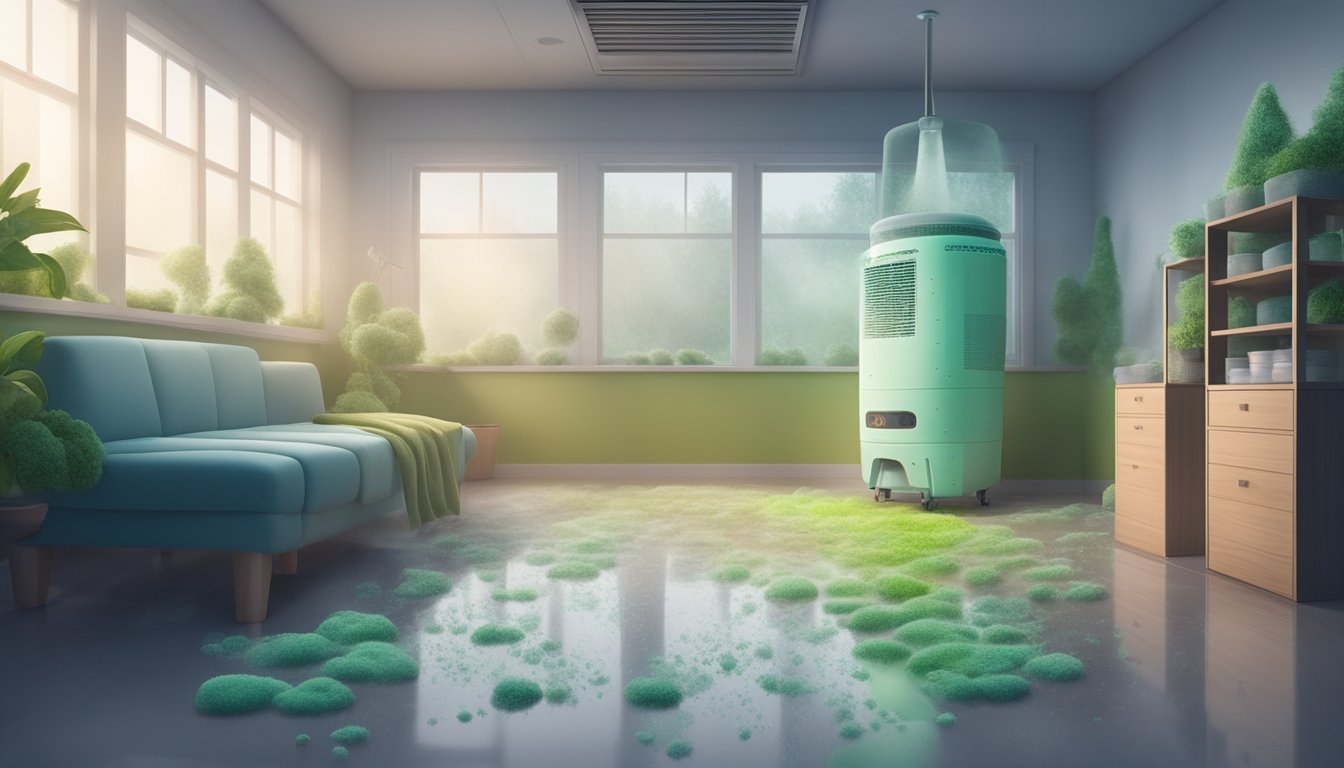 A clean, well-ventilated room with mold-resistant materials and dehumidifiers. A foggy brain surrounded by mold spores
