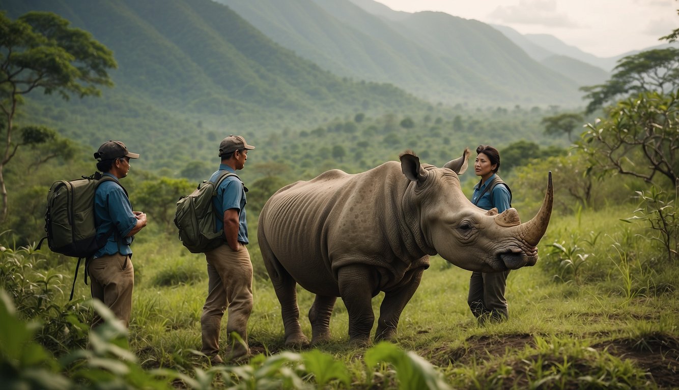 A team of conservationists carefully monitor and protect the last remaining Javan rhinoceros in its natural habitat, surrounded by lush vegetation and serene landscapes