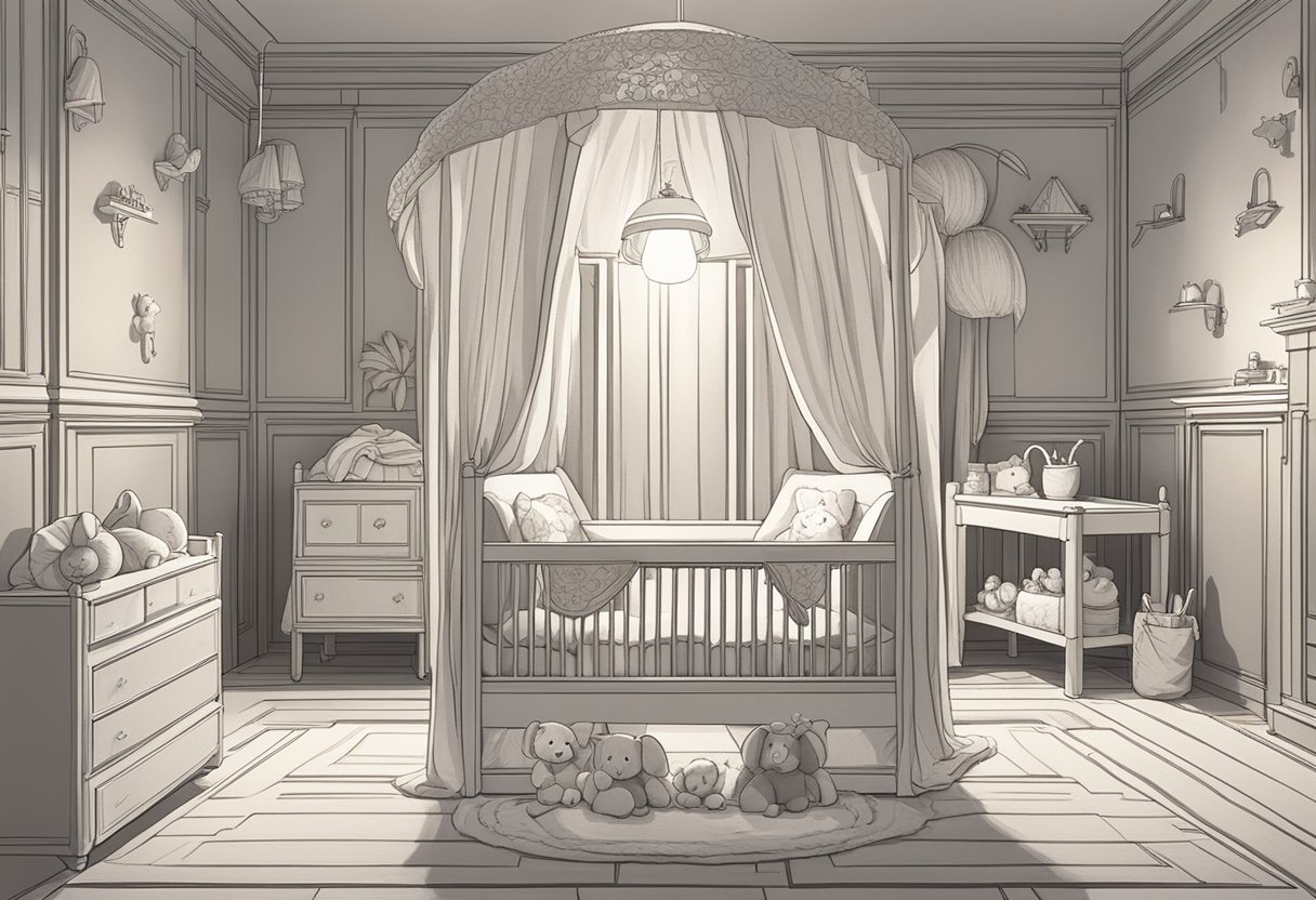 A small crib with the name "Daphne" engraved on the side, surrounded by soft blankets and toys