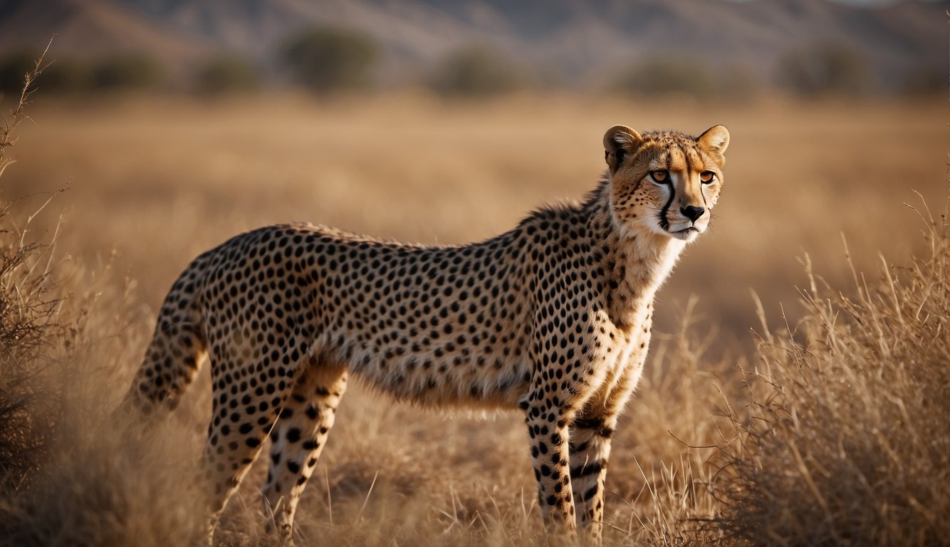 An Asiatic cheetah prowls through a barren landscape, its sleek, spotted coat blending into the dry grass.

Its powerful muscles ripple as it moves with grace and stealth, a symbol of the endangered beauty of its species