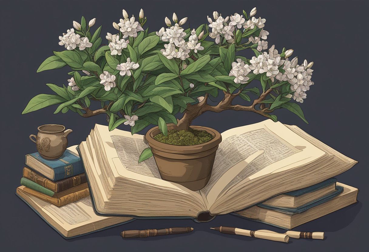 A blooming daphne plant nestled among ancient literary texts and cultural artifacts