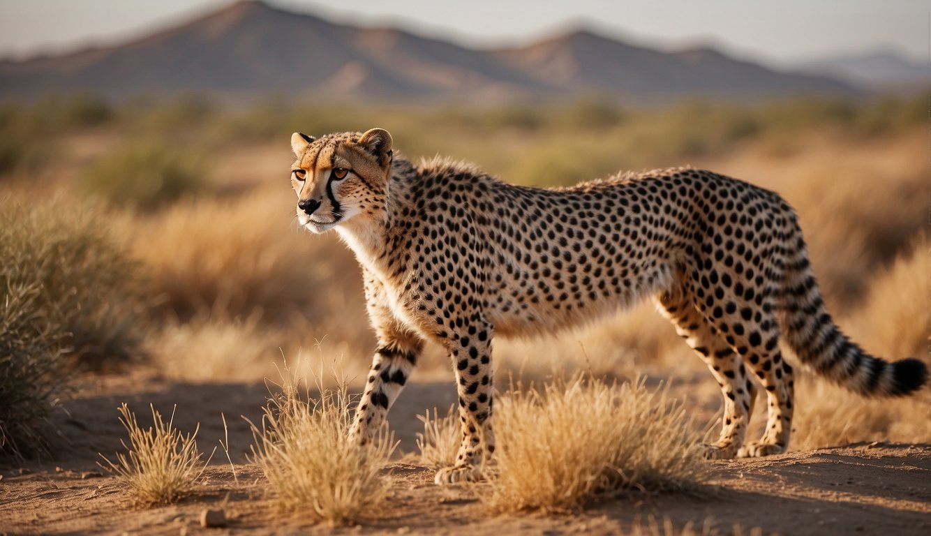 The Asiatic Cheetah hunts in the vast, arid landscape of its natural habitat, blending seamlessly into the dry grass and rocky terrain, its sleek body poised for speed and agility