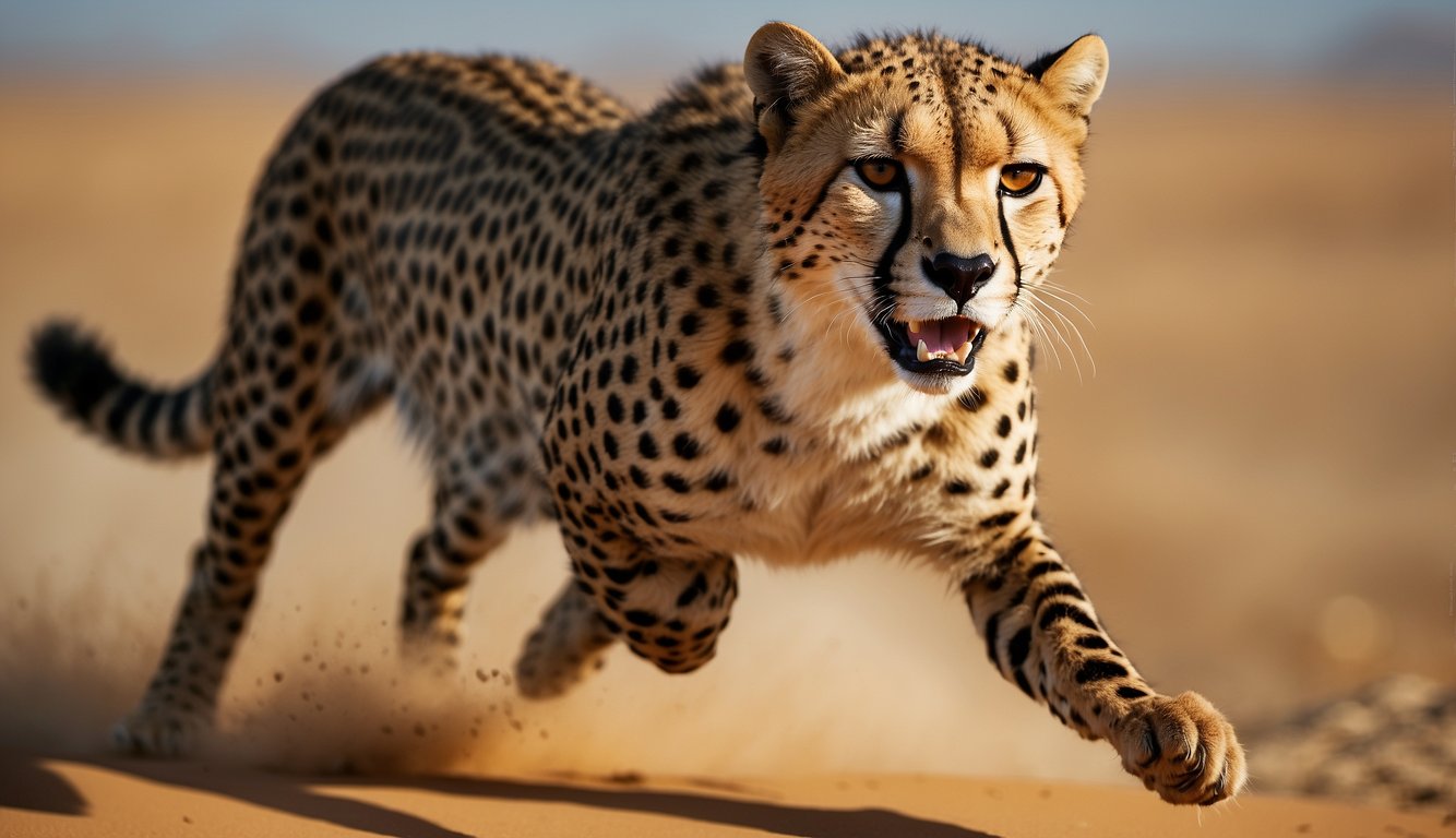 An Asiatic cheetah sprints across a vast desert landscape, its sleek body and distinctive spots blending seamlessly with the golden sand.

A sense of urgency is conveyed as the cheetah's powerful muscles propel it forward, highlighting the urgency of conservation