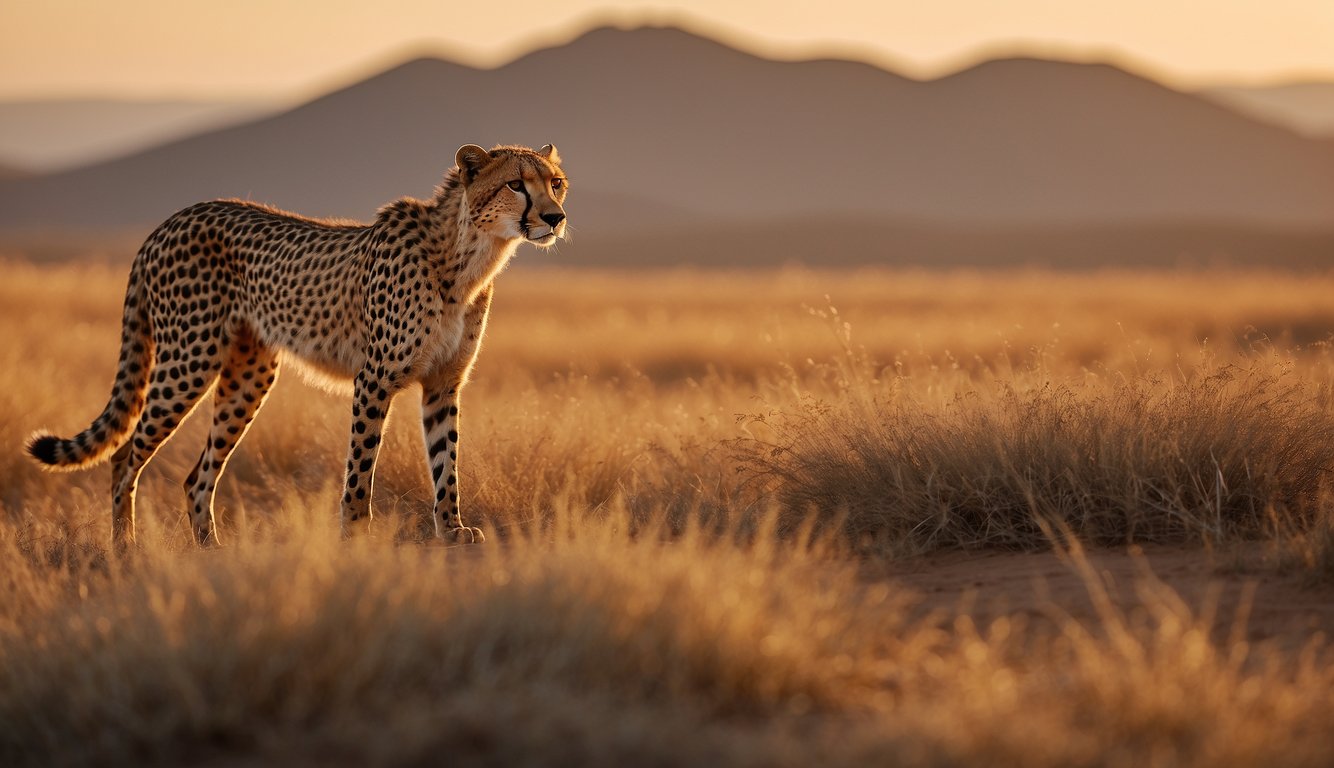 A lone Asiatic cheetah prowls through a vast, arid landscape, its sleek body blending seamlessly with the golden grasses.

The sun sets in the distance, casting a warm glow over the endangered predator
