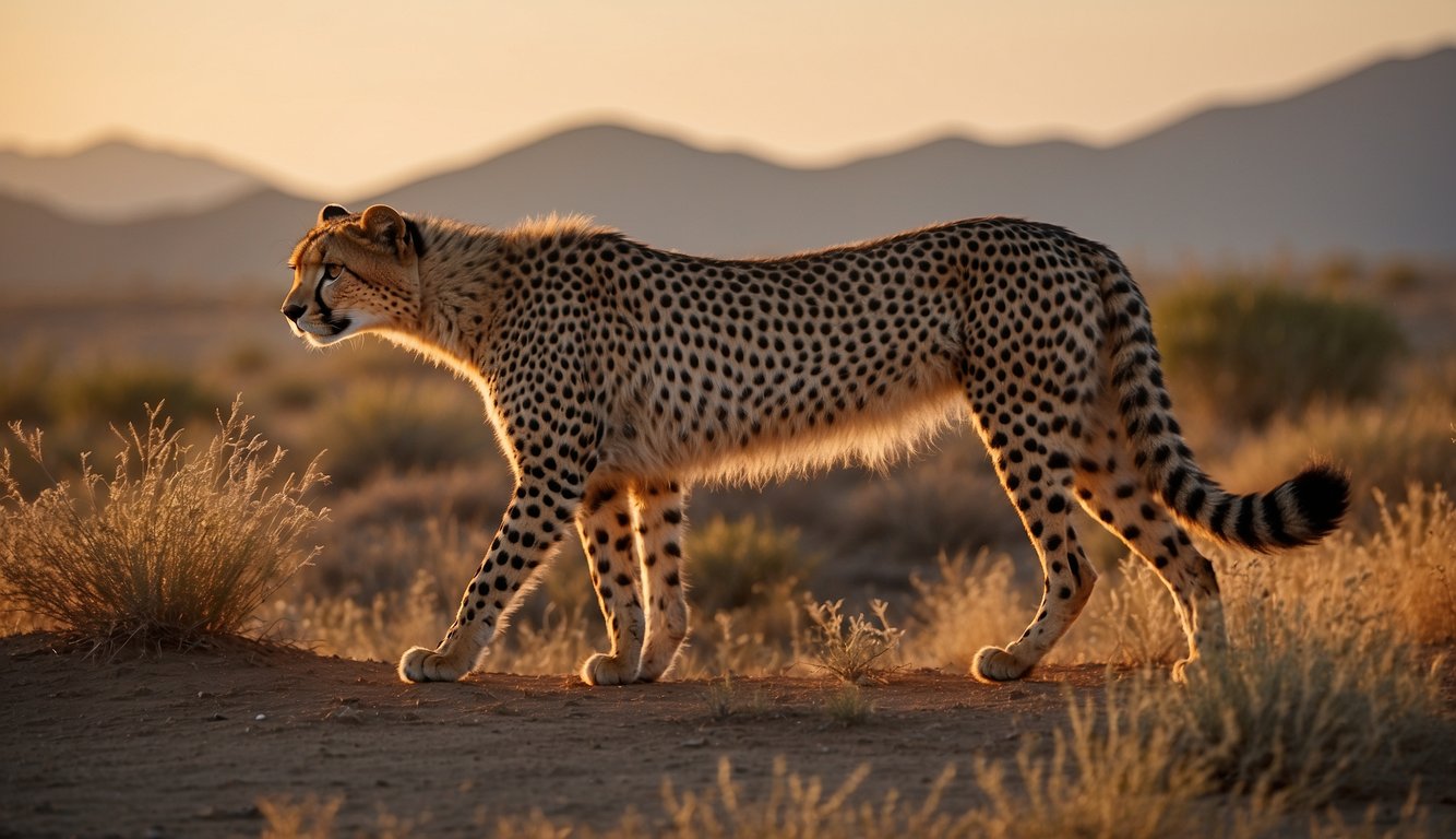 An Asiatic cheetah prowls through a desolate landscape, its sleek body tense with anticipation.

The sun sets behind distant mountains, casting a warm glow over the endangered feline