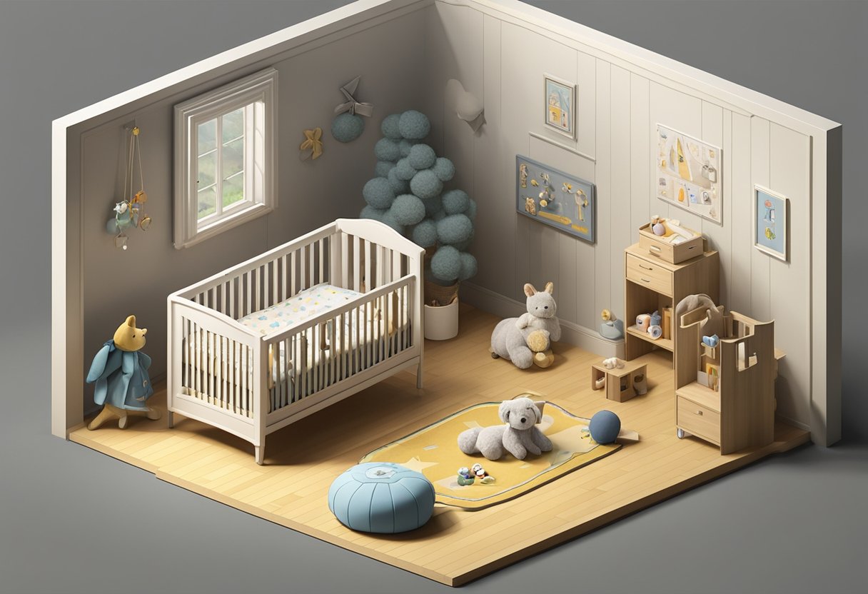 A small room with a crib and toys scattered on the floor, a name plaque reading "Dawson" hangs on the wall above the crib