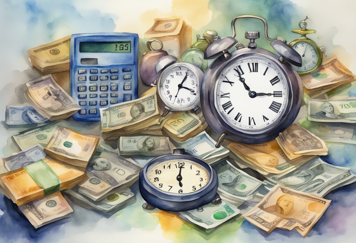 Various clocks showing different times, a pile of cash, and a calculator with numbers on it, all surrounded by symbols of different occupations