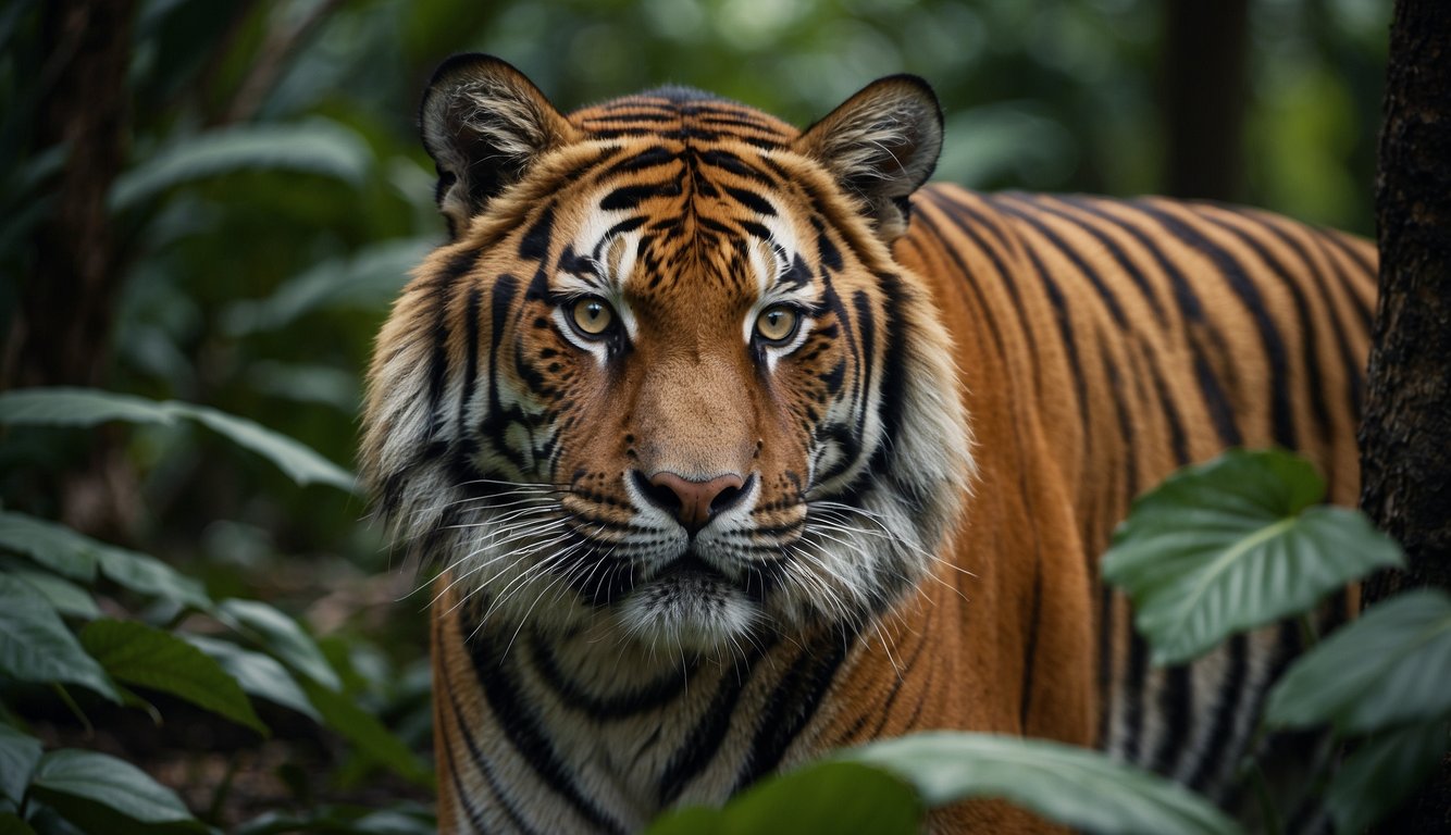 A majestic Indochinese tiger prowls through a dense, lush jungle, its powerful muscles rippling beneath its sleek orange and black fur.

The tiger's piercing eyes convey a sense of urgency and determination as it navigates through the endangered landscape